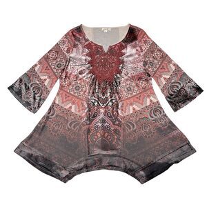 One World Tunic Top Medium‎ Red Blouse Boho Studded Embroidered Floral